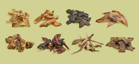 Different kinds of natural dried treats for rewarding and training dogs