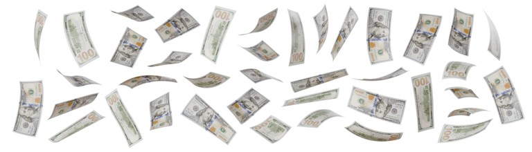 Collection of falling one hundred dollar bills isolated on a white background