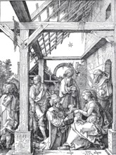 The Adoration of the Magi, woodcut by Albrecht Dürer, historical, digital improved reproduction of