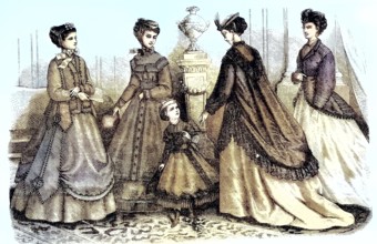 Four woman and two girls in the current spring fashion, costumes and confections by Madame