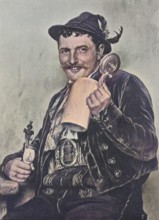 Bavarian man, 1880, wearing traditional traditional costume and holding a beer mug and a pipe,