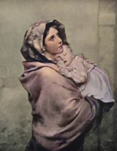 Poor young woman with a baby in her arms, 1880, Italy, Historic, digitally restored reproduction of