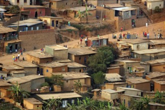 Bird's eye view of houses in a suburb of Kigali, capital of Rwanda, Central Africa