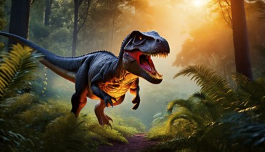 A dinosaur Tyrannosaurus Rex roaring in a prehistoric forest with lush vegetation, AI generated