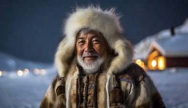 Portrait, an old man of the Inuit, also Eskimo, in warm fur clothing in a snowy landscape in the