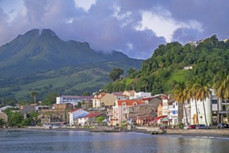 The town Saint-Pierre, first permanent French colony and active volcano Mount Pelée on the island