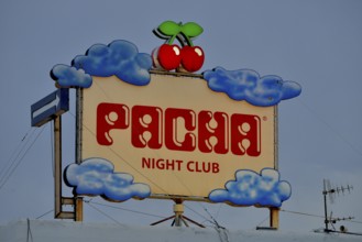 Sign at the Pacha nightclub, Ibiza city, Ibiza, Balearic Islands, Spain, Europe