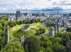 Cardiff Castle from a drone, Cardiff, Wales, England, United Kingdom, Europe