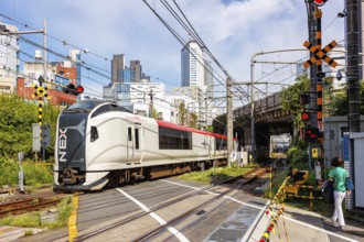 Narita Express N'EX train of Japan Rail JR East on the Saikyo Line at Yoyogi in Tokyo, Japan, Asia