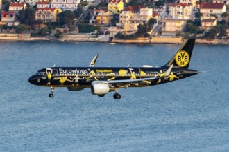 A Eurowings Airbus A320 aircraft with the registration number D-AEWM and the Borussia Dortmund