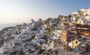 Cliff-side houses, villas and windmill in the village of Oia, Ia, as seen from the Kasteli Castle,