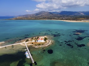 Drone shot, Greek Orthodox Church of Saint Spiridon, Agios Spyridon, Elafonisos town, Elafonisos,