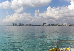 Modern apartment blocks seen from Isla Mujeres ferry, Cancun, Quintana Roo, Yucatan Peninsula,