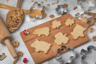 Baked biscuits for New Year, shamrocks and pigs, baking accessories