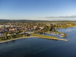 Aerial view of the town of Radolfzell on Lake Constance with boat harbour and pier, Constance