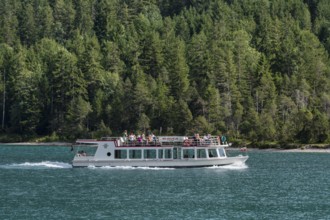 Excursion boat MS Wilhelm on the Plansee lake near Reutte, Ammergau Alps, Tyrol Austria, Plansee