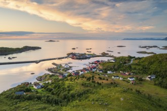 View of the fishing village of Stø in the evening, Dronningruta hike, Langøya Island, Vesterålen,