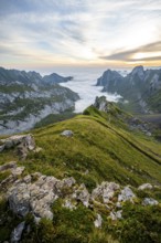 View over Säntis mountains into the valley of Meglisalp at sunrise, Rotsteinpass, high fog in the