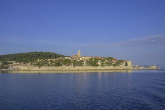 View of the old town from the boat, Korcula, Dubrovnik-Neretva County, Croatia, Europe