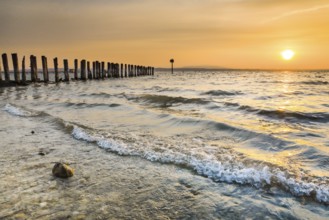 Golden sunrise on the shore of Lake Constance with jetty near Altnau in the canton of Thurgau,