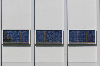 Window of the Catholic Church of Our Dear Lady, Church of Our Lady, steeple, clock, cross, sacred