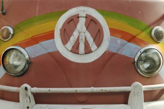 Hippie movement with painted VW bus T1, rainbow and peace symbol, House of History, Bonn, North