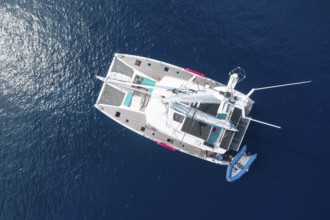 Aerial view, diving ship, catamaran Aquatiki III from above, Fakarava Atoll, Tuamotu Archipelago,