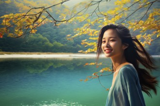 Beautiful young Asian woman with dark hair under tree branches near a colourful lake, China, AI