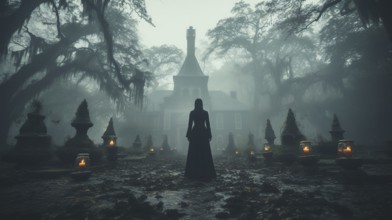 Eerie haunting ghostly female figure walking in front of a foggy southern plantation antebellum