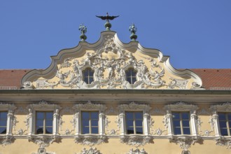 Tail gable with stucco and ornamentation in the rococo at the Haus zum Falken, Falkenhaus, gable,