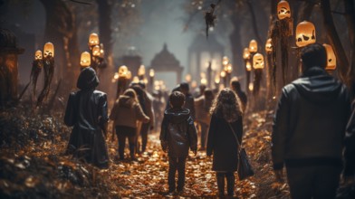 Spooky teenagers and children dressed up for halloween walking down the sidewalk together,