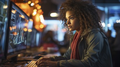 Busy young african american girl working on a computer in an office setting. generative AI