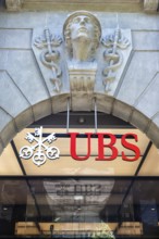 UBS Bank logo at the company's headquarters on Paradeplatz in Zurich, Switzerland, Europe