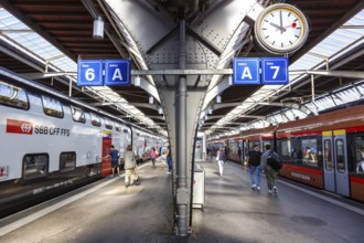 Railway passenger trains of SBB Swiss Federal Railways and Südostbahn at Zurich main station,