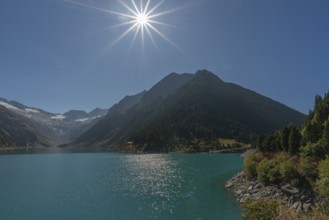 Schlegeisspeicher (1782m), glacier at Schlegeiskees, blue sky, backlight, Zillertal Alps, Tyrol,