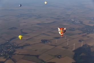 Hot-air balloons in the evening haze, advertising, view of villages, fields and wind turbine,