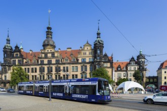 Modern DVB tram in Dresden city centre, Dophienstrasse at the Residence Palace