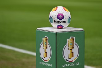 Adidas Derbystar match ball on podium, logo, DFB Cup, MHPArena, MHP Arena Stuttgart,