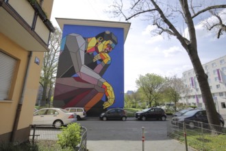 Mural The modern thinker by Dmitri Aske, graffiti, street art, figure, graphic, cubic, think, city