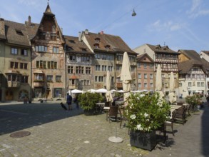 Historic houses with painted façade on Rathausplatz, Stein am Rhein, Canton Schaffhausen,