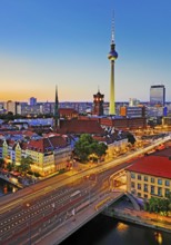 City view, elevated viewpoint with Spree, Nikolaiviertel quarter, Rotes Rathaus and Fernsehturm in