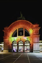 Archway on the station square, light installation at dusk, Lilu, Light Festival 2023, Lucerne,