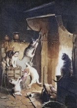 Walpurgisnacht der Katzen, viele Katzen spielen im Zimmer mit einem Besen, around 1885, Historical,