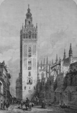 Giralda, the bell tower of Seville Cathedral, 1869, Andalusia, Spain, Historic, digitally restored