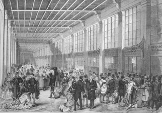 Departure of guests to the castle of Compiegne at the railway station in Paris, 1869, France,