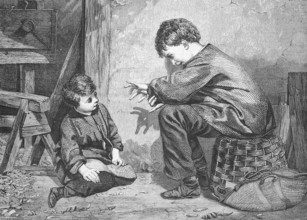 Boy entertains his little sister with shadow play with his fingers, 1869, Germany, Historic,