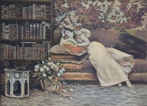 Woman reading in the library, 1880, Germany, Historical, digitally restored reproduction of a 19th