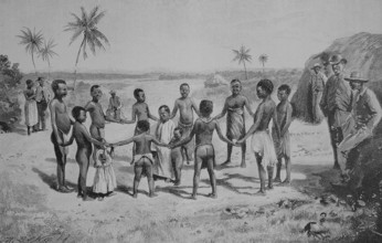 Negro children playing Ringelreihen in the German colony of Tanzania, 1880, Historic, digitally