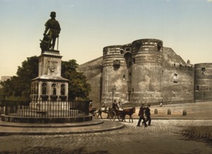 Statue and castle, King Rene I, Angers, Pays de la Loire in western France, c. 1890, Historic,