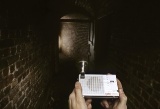 Man using bat detector in old cellar, icehouse for research